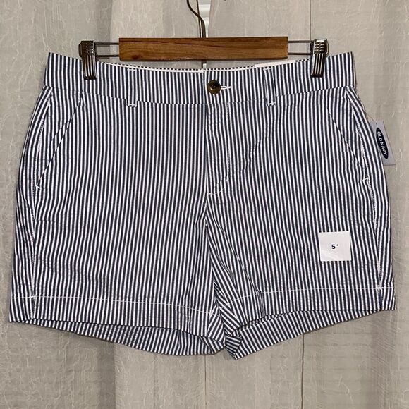 Old Navy 6 Light Blue White Vertical Stripes 5” Mid Rise Everyday Cotton Shorts - Picture 1 of 11